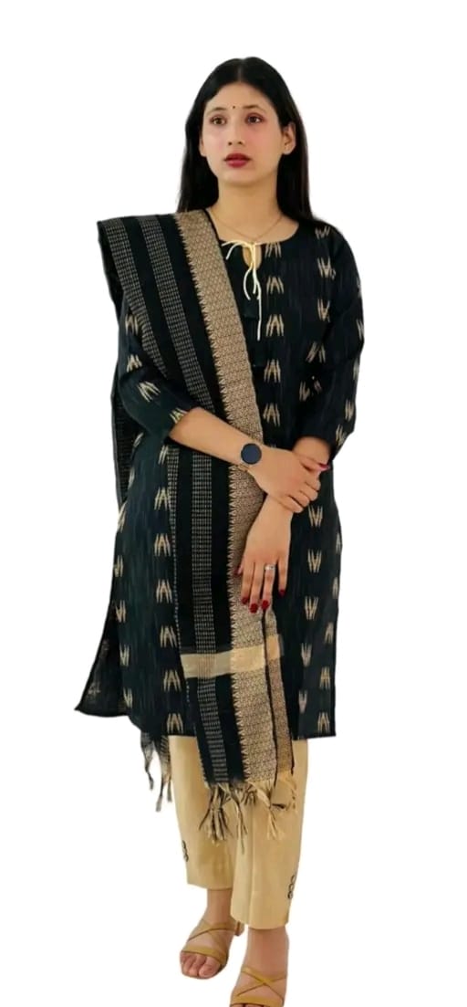 Elegant Black Ikat Printed Cotton Kurta Set with Dupatta & Pants