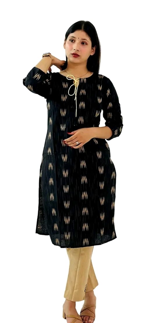 Elegant Black Ikat Printed Cotton Kurta Set with Dupatta & Pants