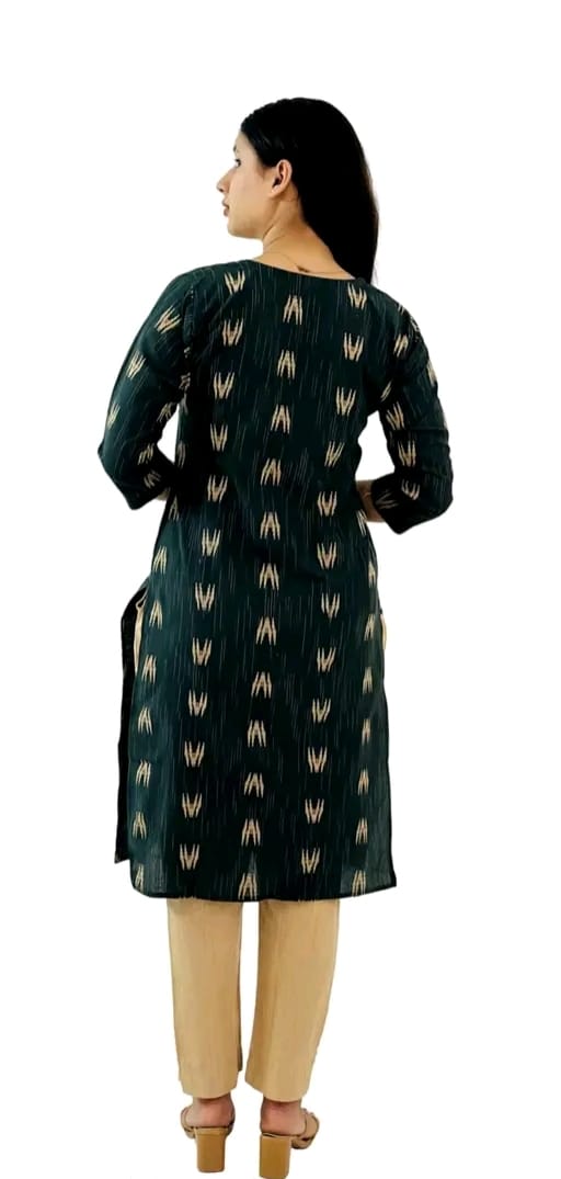 Elegant Black Ikat Printed Cotton Kurta Set with Dupatta & Pants