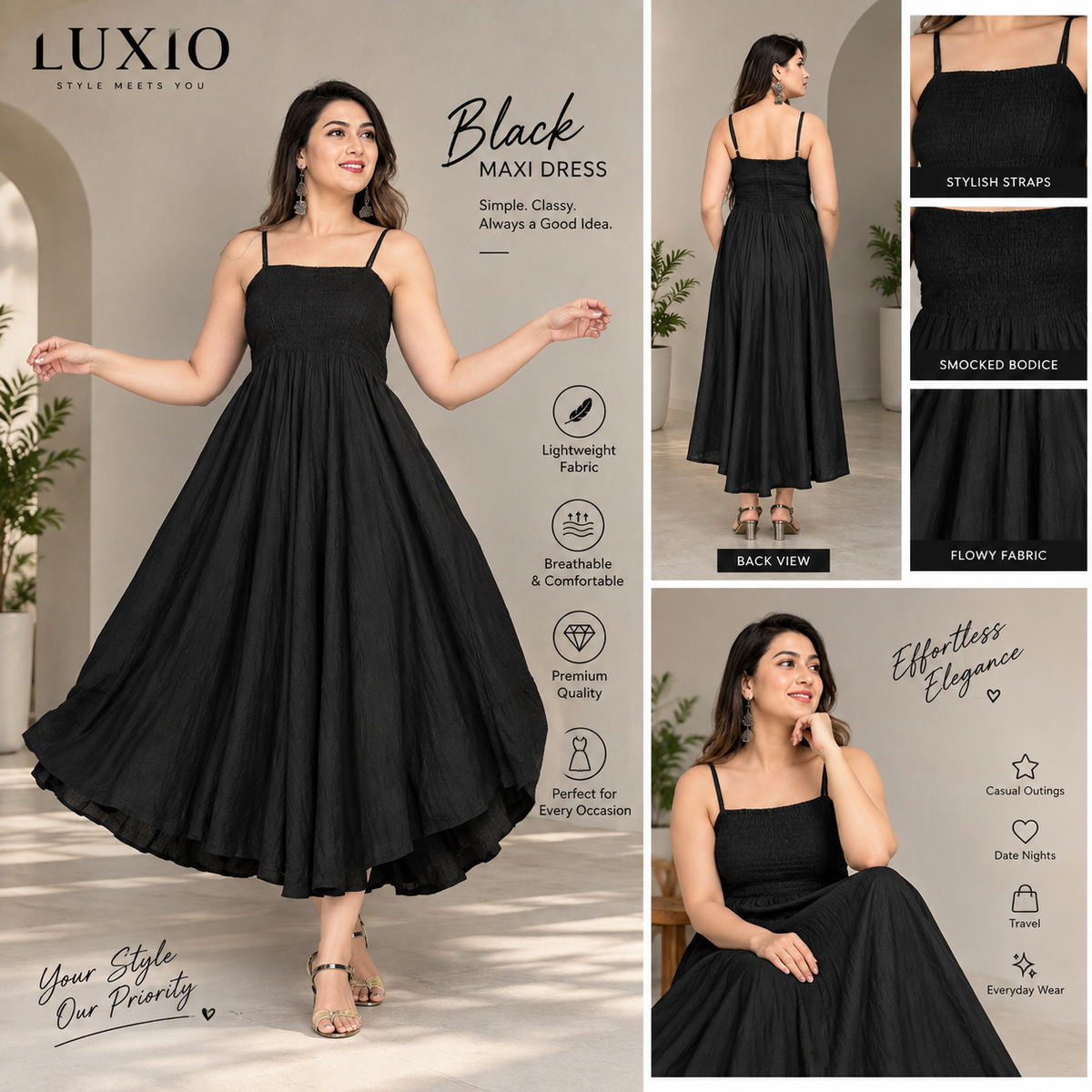 Timeless Black Strappy Flared Maxi Dress