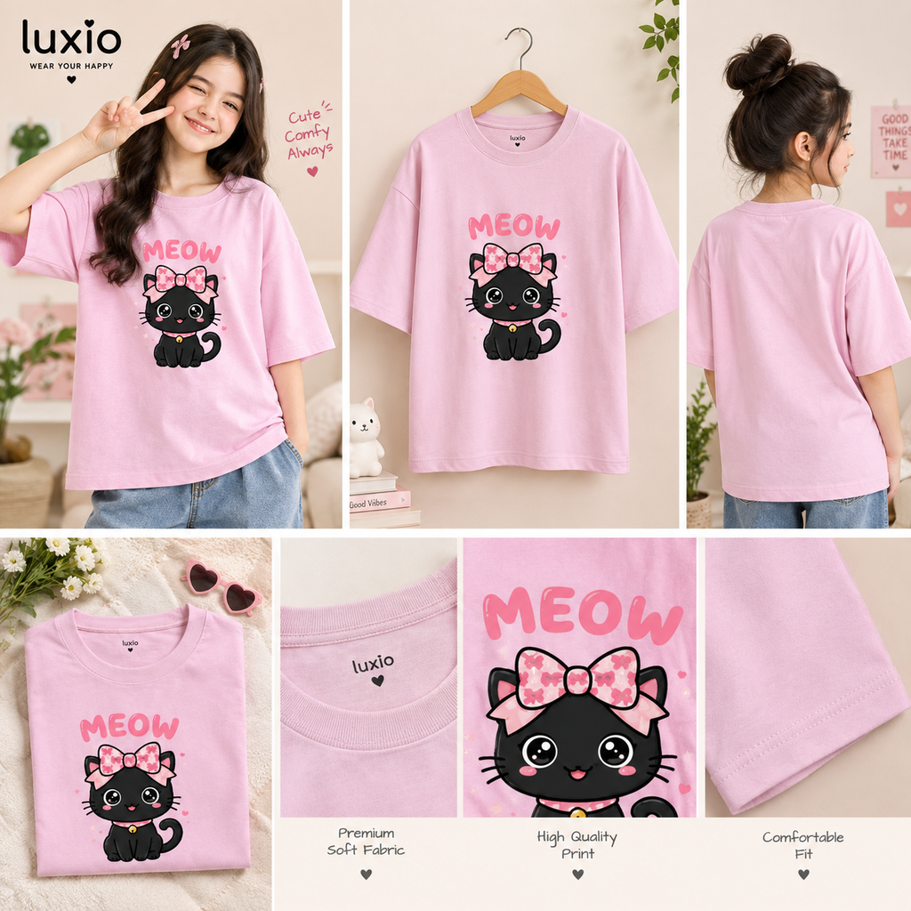 🐱🎀Cute Meow Cat Graphic T-Shirt for Girls – Kawaii Pink Tee
