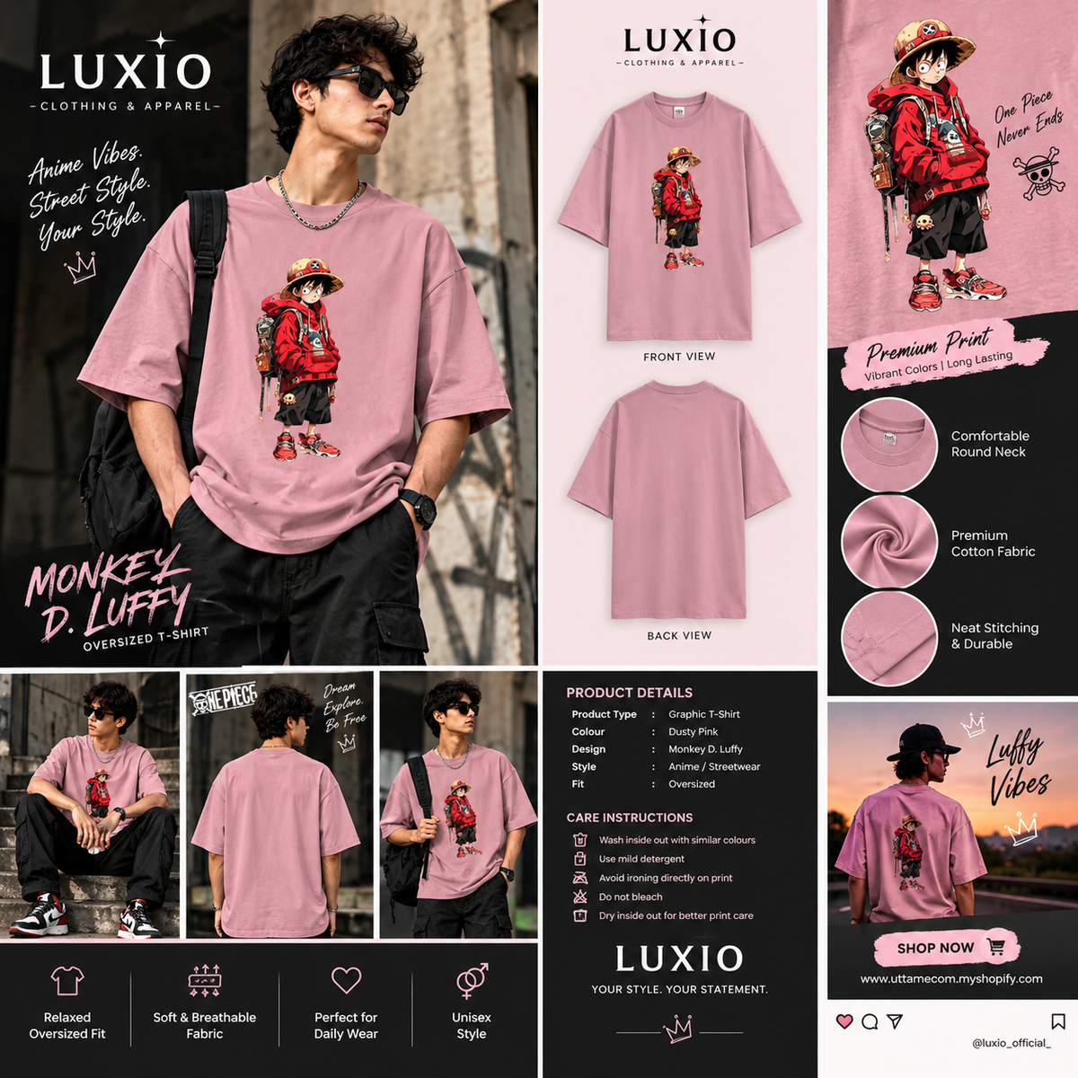 Anime Monkey D. Luffy Oversized T-Shirt – Dusty Pink | LUXIO