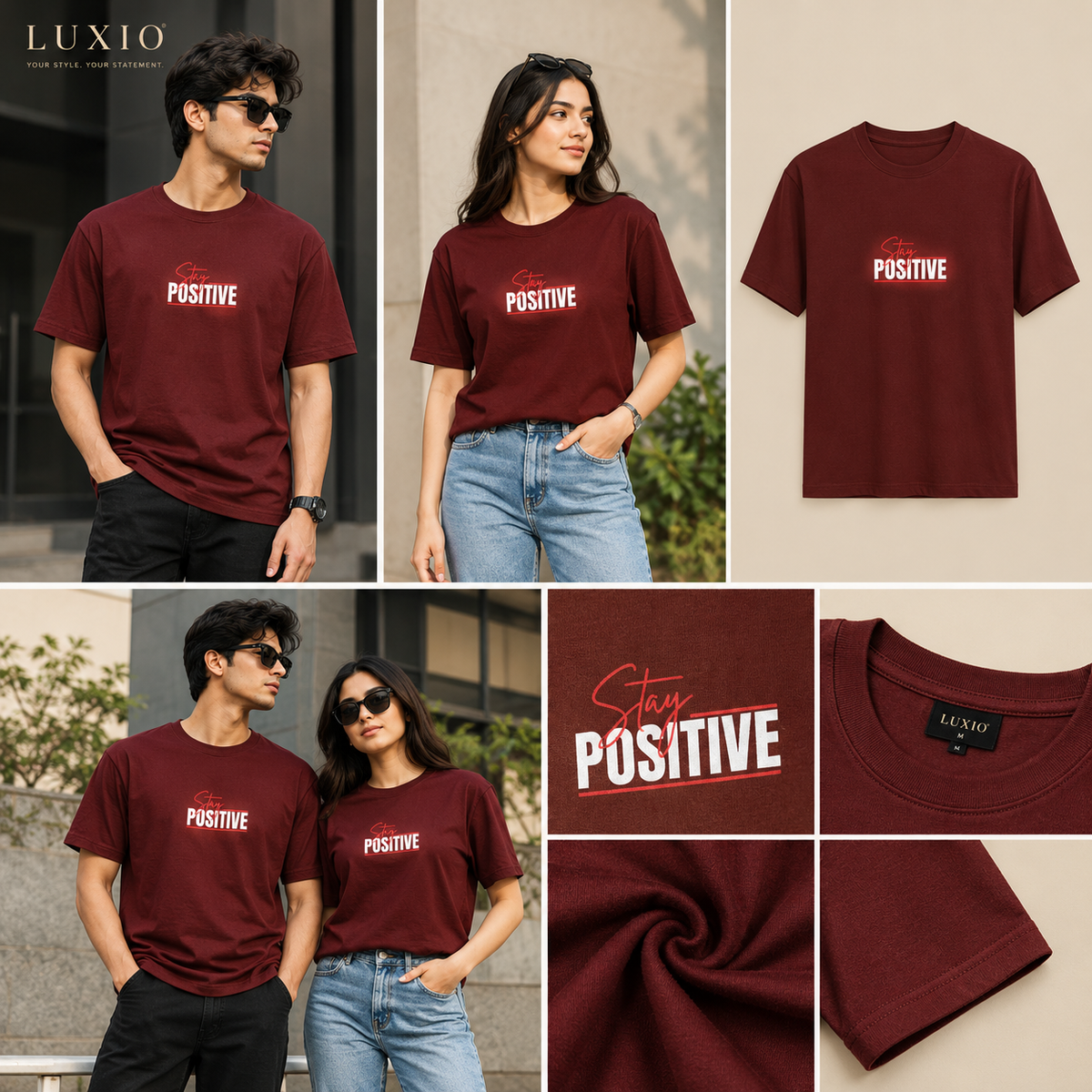LUXIO Stay Positive Graphic T-Shirt – Maroon | Regular Fit