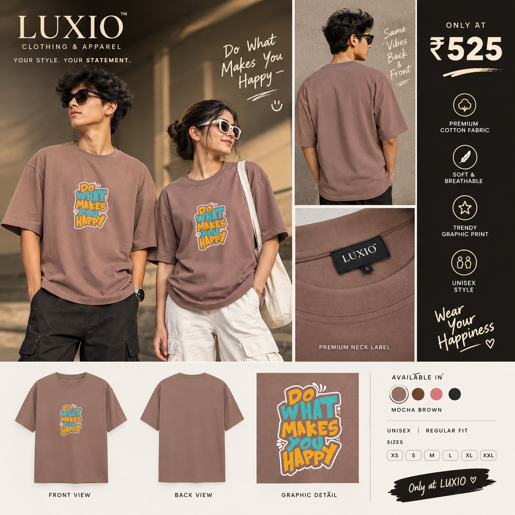 LUXIO Do What Makes You Happy Graphic Oversized T-Shirt – Mocha Brown