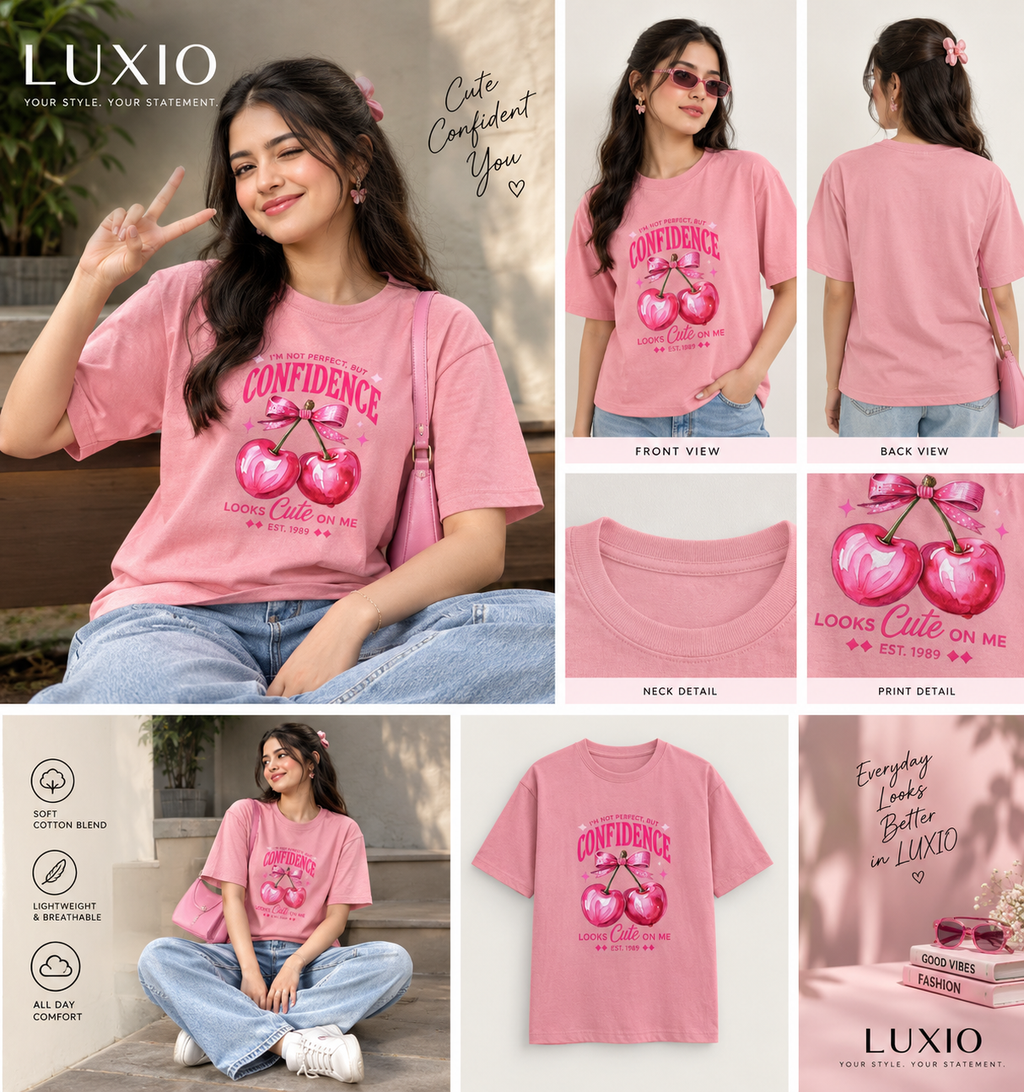 LUXIO Confidence Looks Cute Regular Fit T-Shirt – Pink