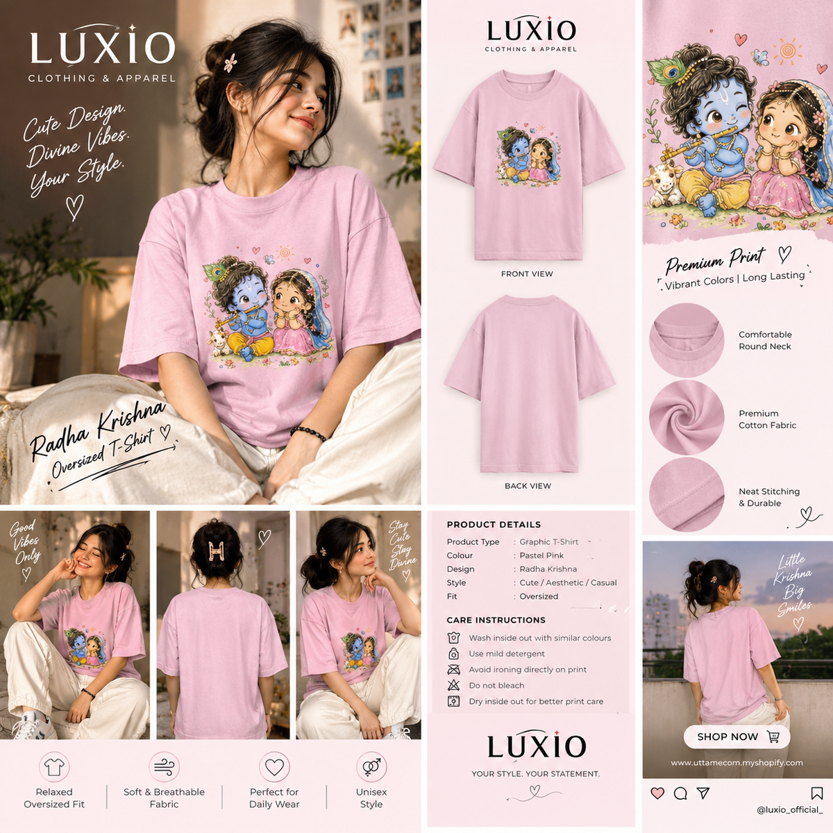 Cute Radha Krishna Oversized T-Shirt for Women – Pastel Pink | LUXIO