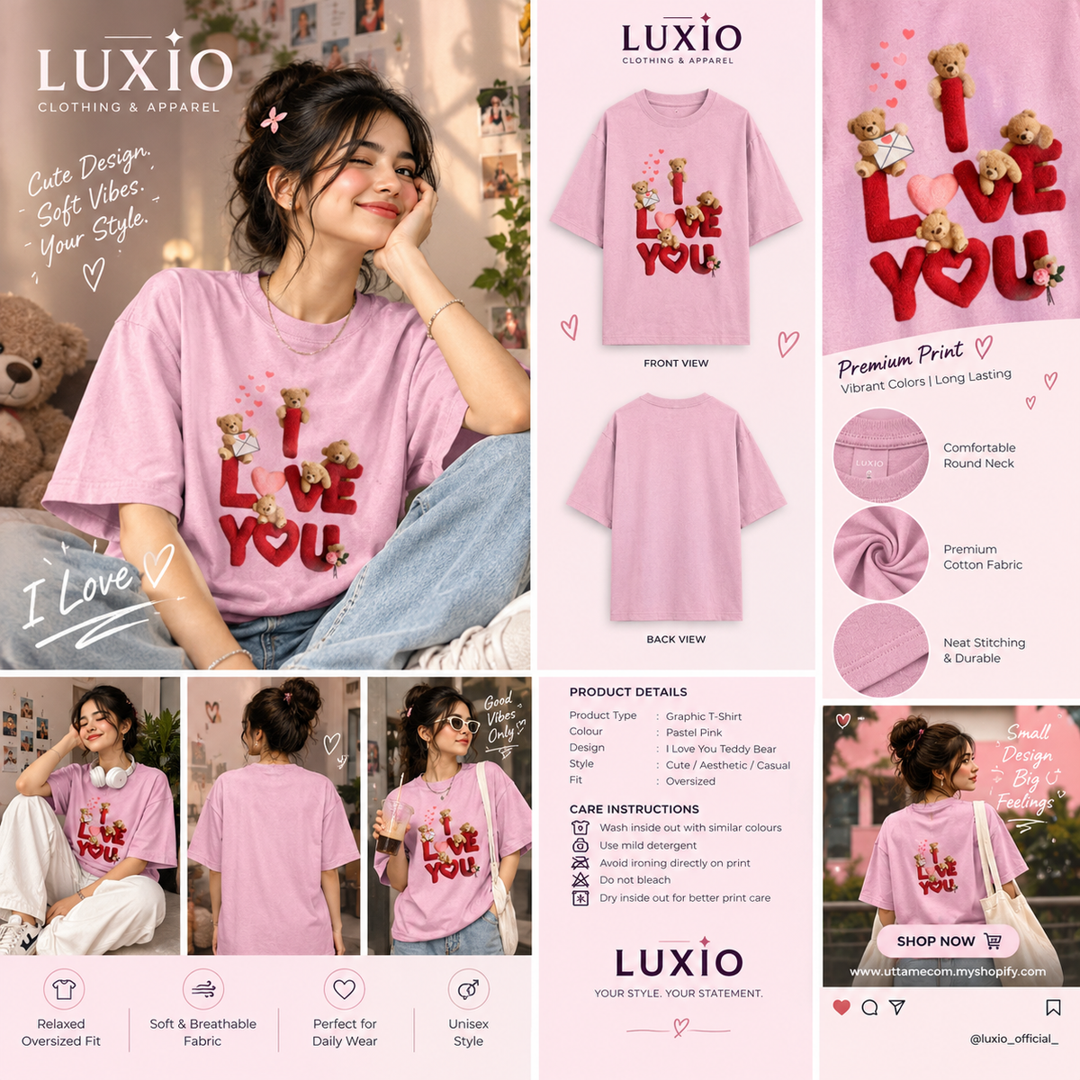 Cute Teddy Bear I Love You Oversized T-Shirt – Pastel Pink | LUXIO