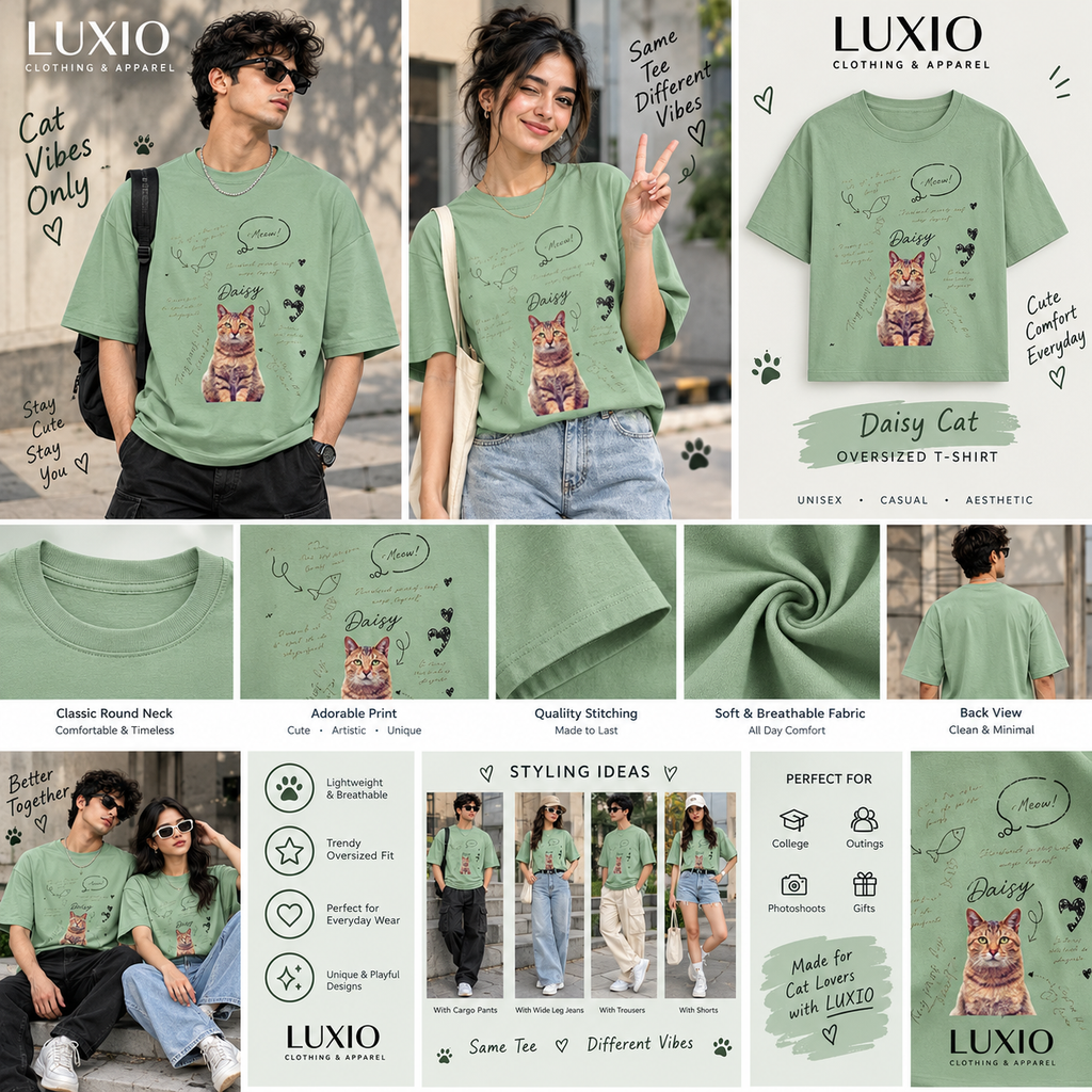 Cute Cat Graphic Oversized T-Shirt for Men & Women | Daisy Cat Aesthetic Tee | Mint Green | LUXIO