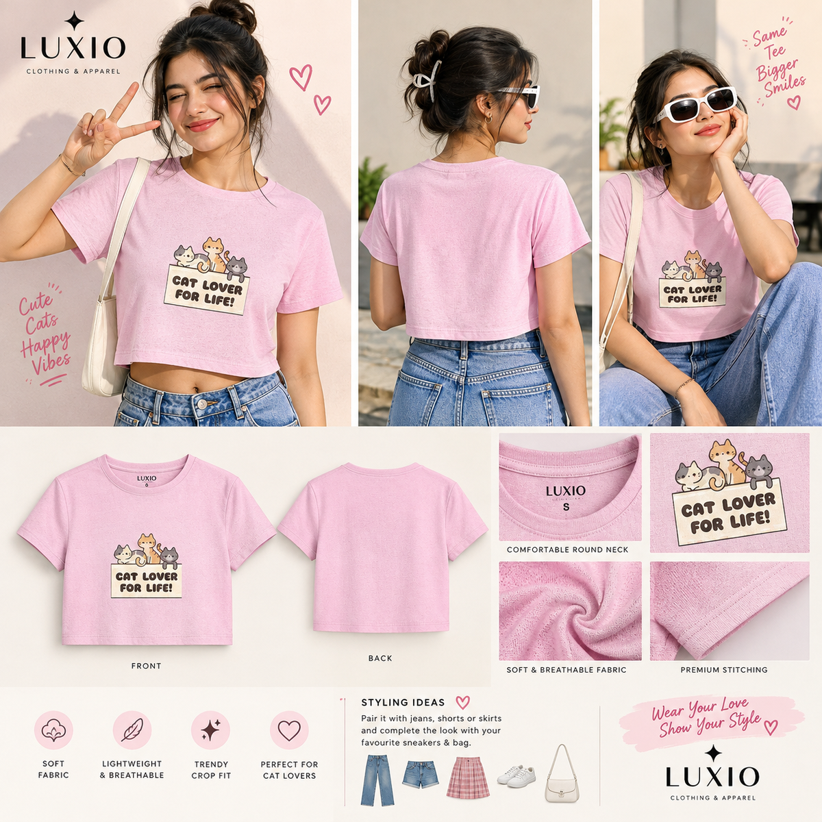 Cat Lover For Life! Cute Cat Graphic Pink Crop T-Shirt for Women