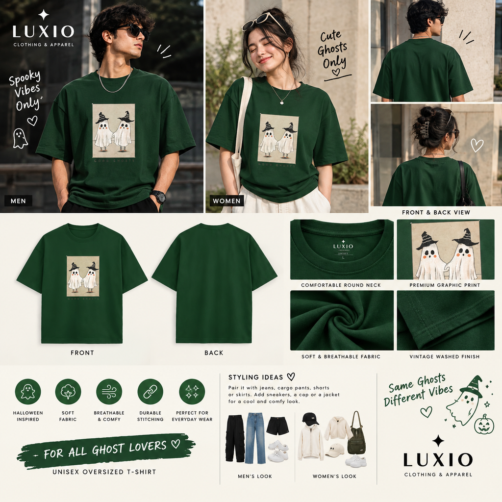 Cute Ghosts Halloween Graphic Oversized T-Shirt – Dark Green Unisex Tee