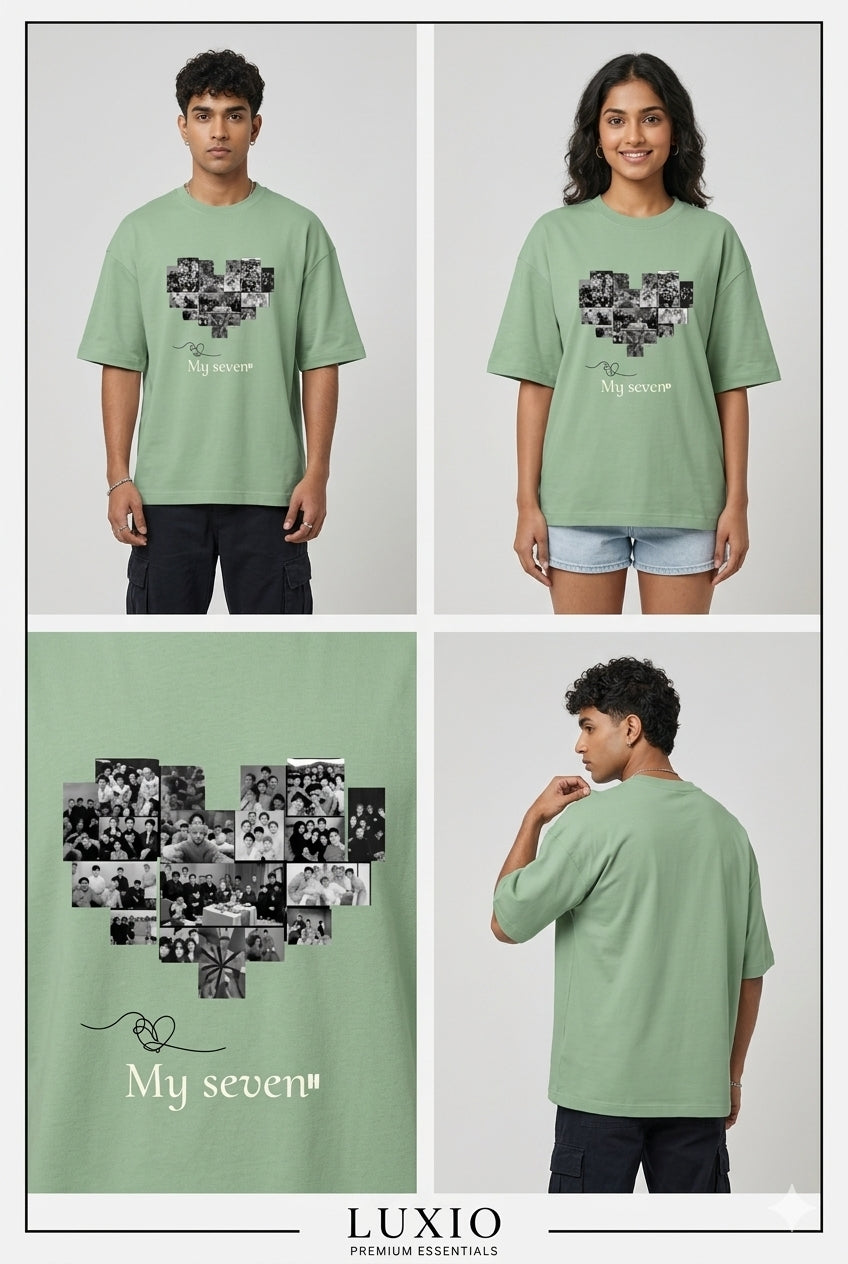 LUXIO Unisex "My Seven" Heart Photo Collage Oversized T-Shirt – Premium Sage Green Drop-Shoulder Graphic Tee