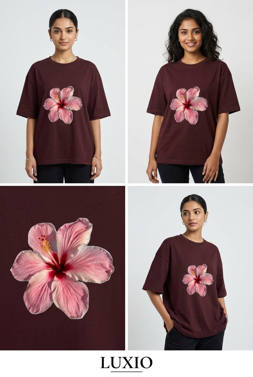 LUXIO "Blushing Hibiscus" Oversized Graphic Print T-Shirt – Burgundy Heavyweight Cotton Drop-Shoulder Tee for Women