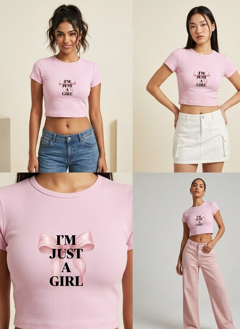 LUXIO I'm Just a Girl Bow Graphic Women's Crop T-Shirt