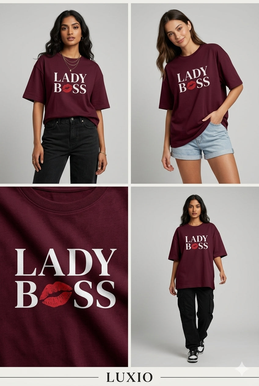 LUXIO "Lady Boss" Oversized Graphic Print T-Shirt – Burgundy Premium Cotton Drop-Shoulder Tee for Women