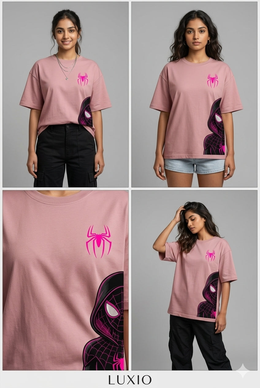 LUXIO "Ghost Spider" Oversized Graphic Print T-Shirt – Dusty Pink Premium Heavyweight Cotton Tee for Women