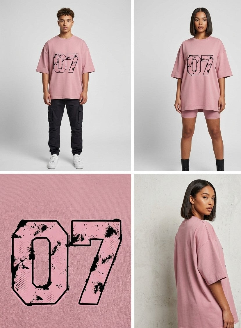 LUXIO "07" Distress Print  Oversized T-Shirt – Premium Heavyweight Cotton Drop Shoulder Tee