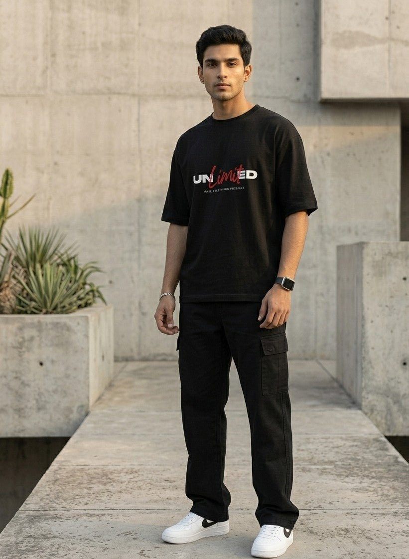 LUXIO "Unlimited" Graphic Print Oversized Black Cotton T-Shirt
