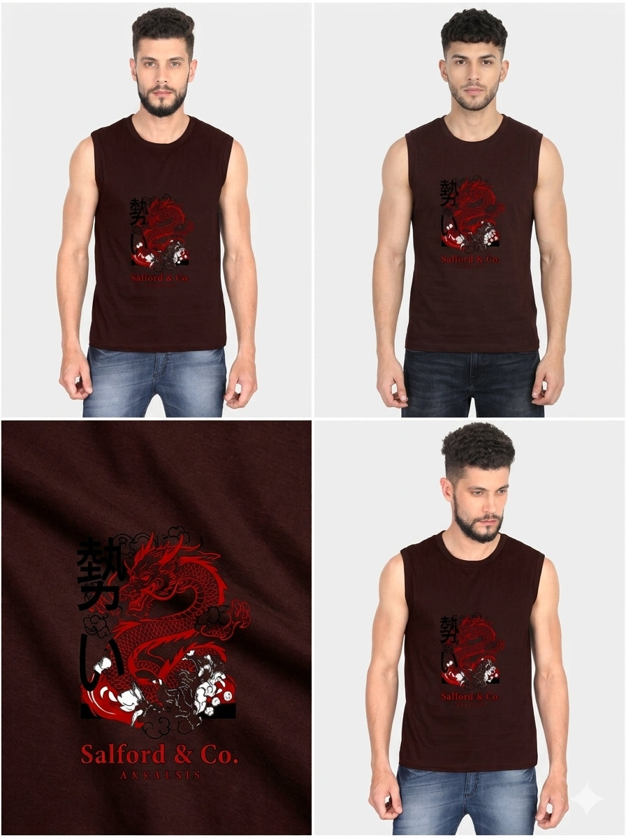 LUXIO Men's Japanese Dragon Graphic Printed Sleeveless Vest T-Shirt