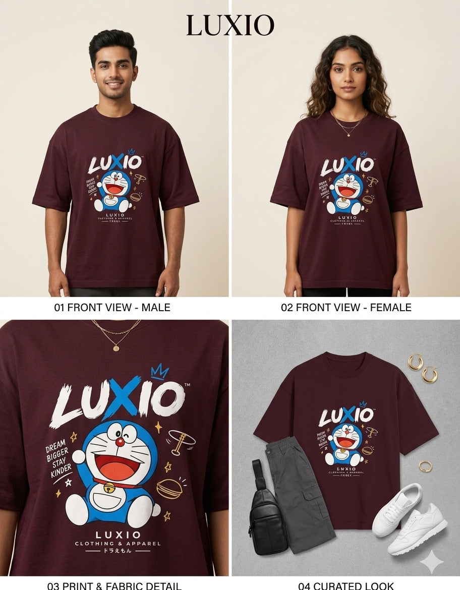 LUXIO Doraemon Anime Graphic Maroon Oversized Streetwear T-Shirt
