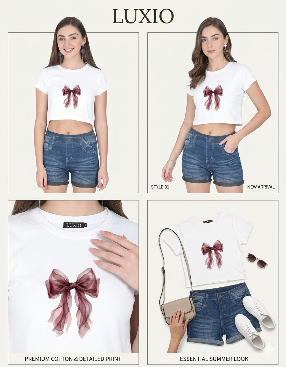 LUXIO Coquette Organza Ribbon Bow Print White Crop Top T-Shirt
