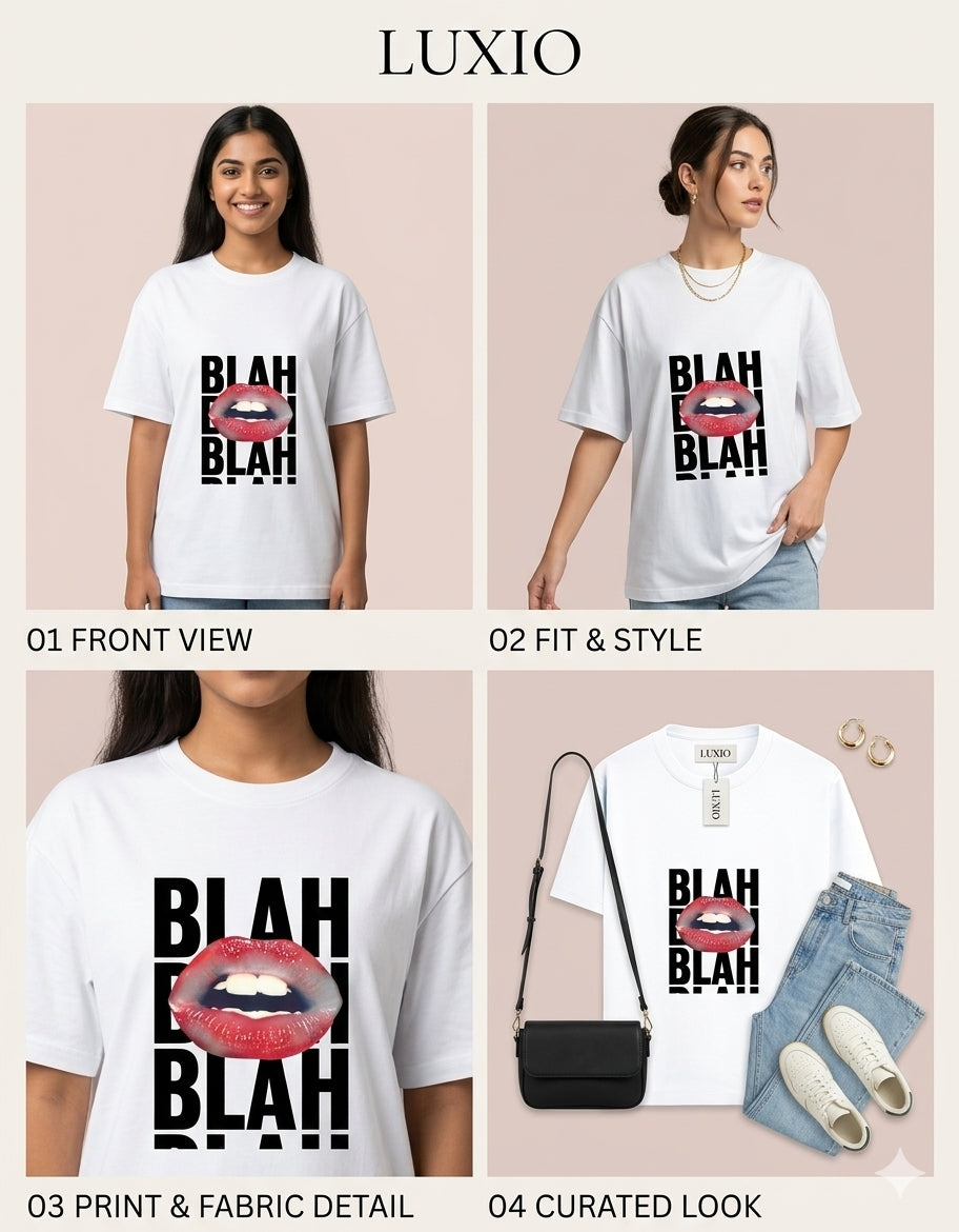 LUXIO Urban Pop Art Blah Blah Lips White Oversized T-Shirt