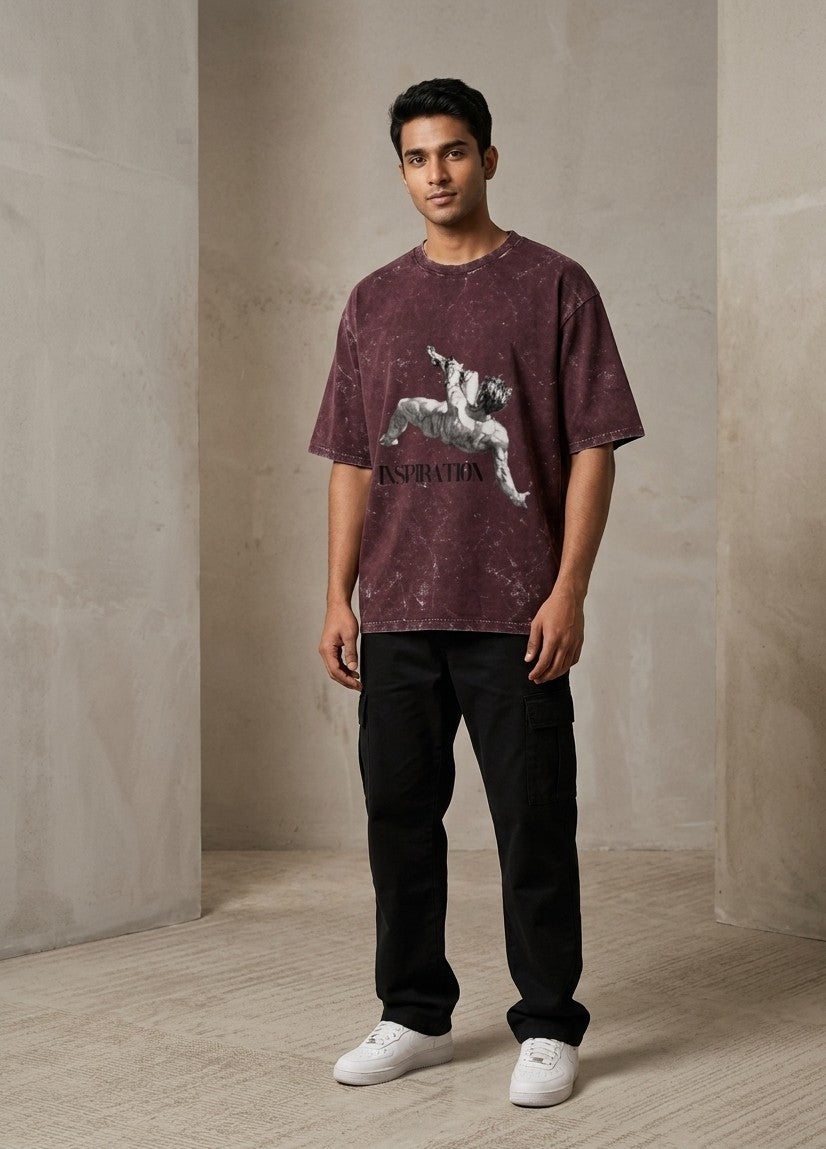 LUXIO Unisex "Inspiration" Renaissance Art Graphic Acid Wash Burgundy Heavyweight Oversized Streetwear T-Shirt