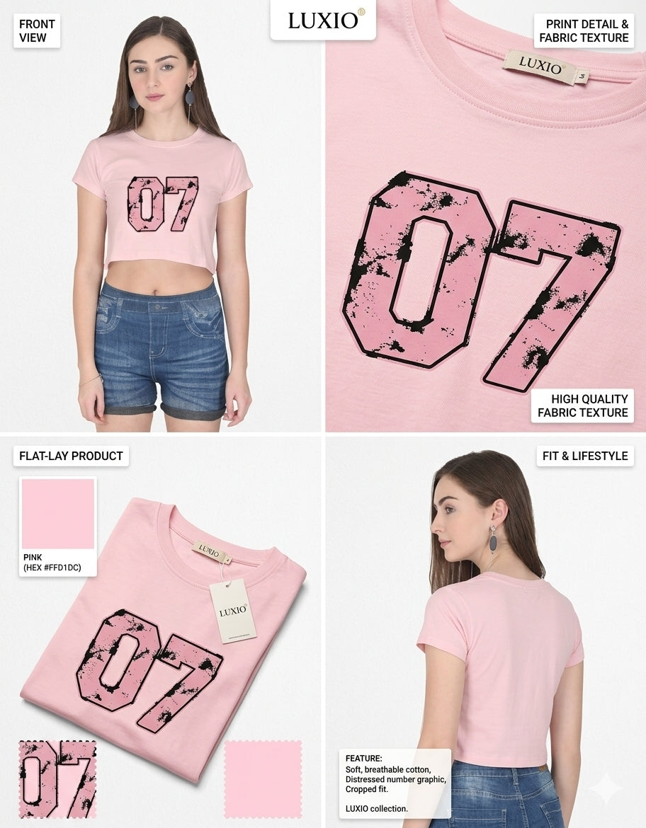 LUXIO Women Varsity 07 Graphic Printed Cotton Blend Crop T-Shirt