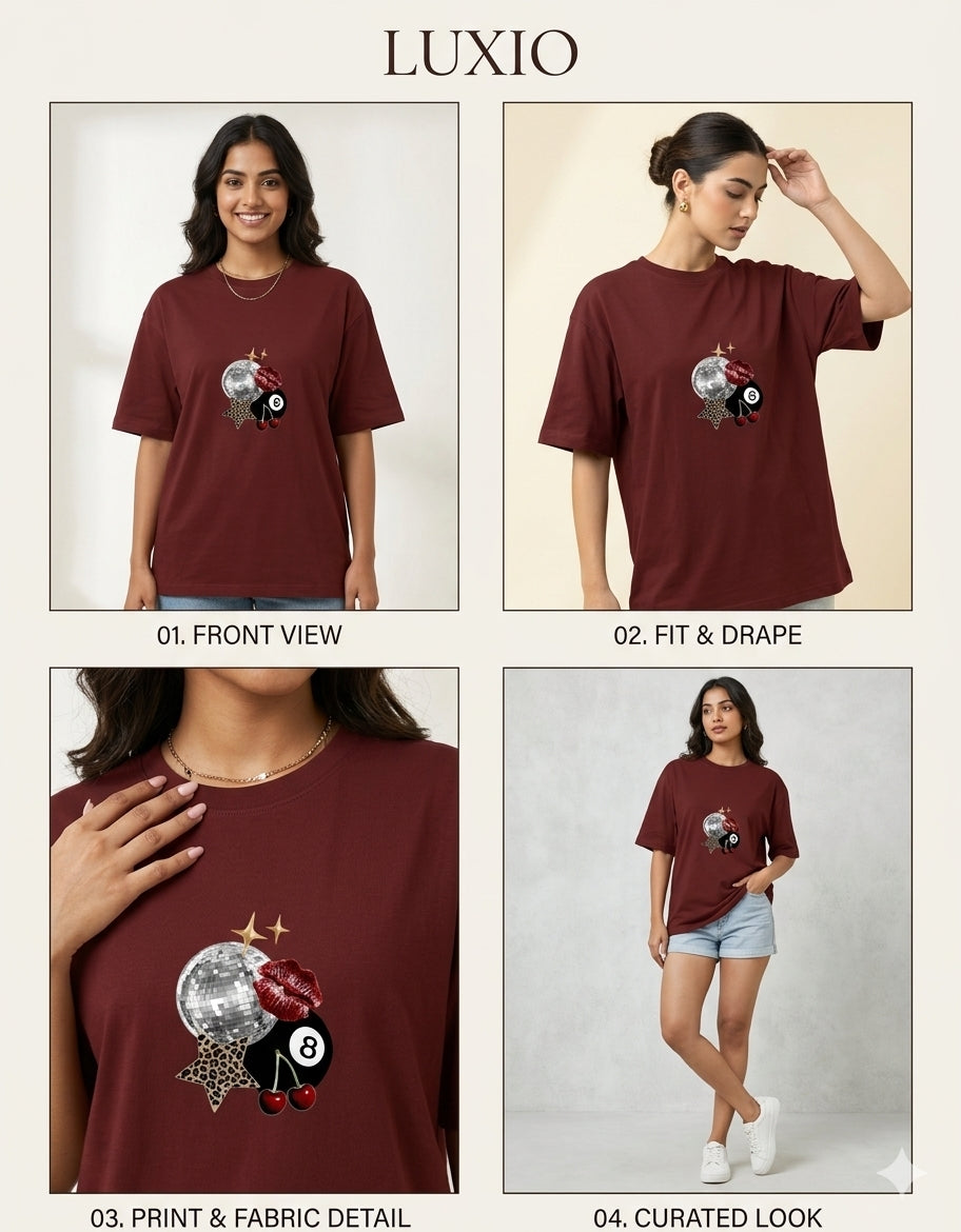 LUXIO Downtown Disco 8-Ball Graphic Maroon Unisex Oversized T-Shirt