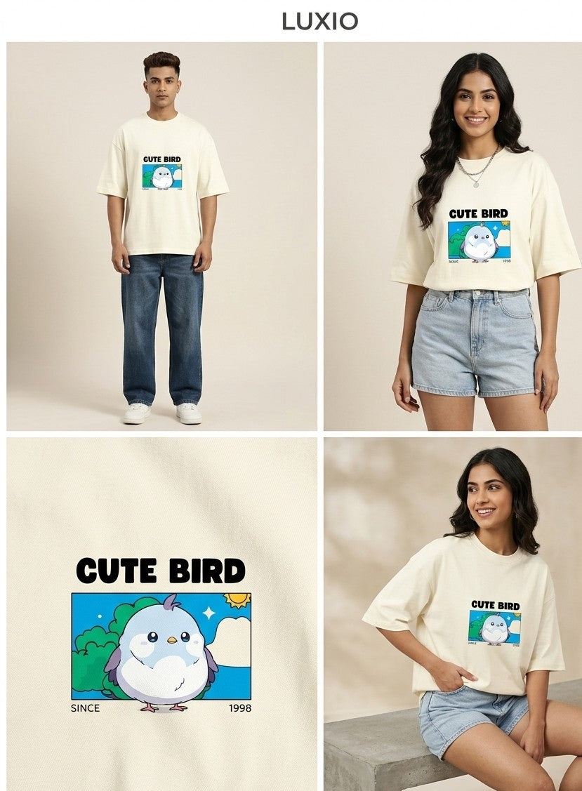 LUXIO Unisex Oversized Graphic T-Shirt – Retro Cute Bird Print Tee