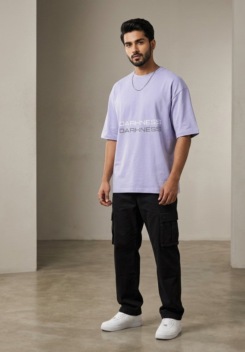 LUXIO "Darkness" Minimalist Graphic Print Oversized Lavender Cotton T-Shirt