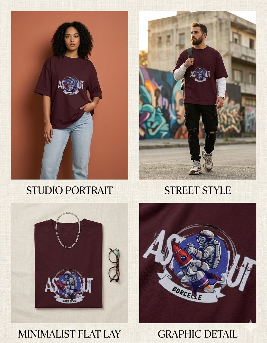 Astronaut Space Explorer Graphic Oversized T-Shirt – Maroon Streetwear Tee