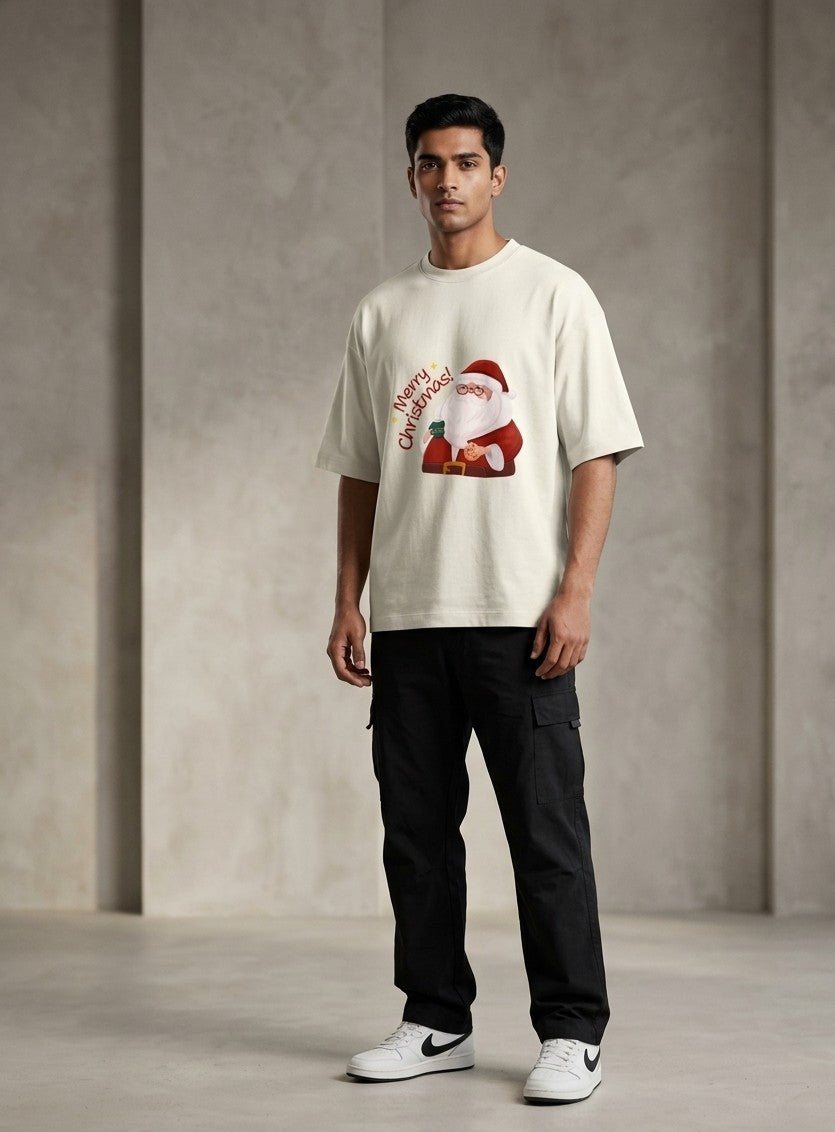 UXIO Men's Oversized Merry Christmas Santa Graphic Printed T-Shirt