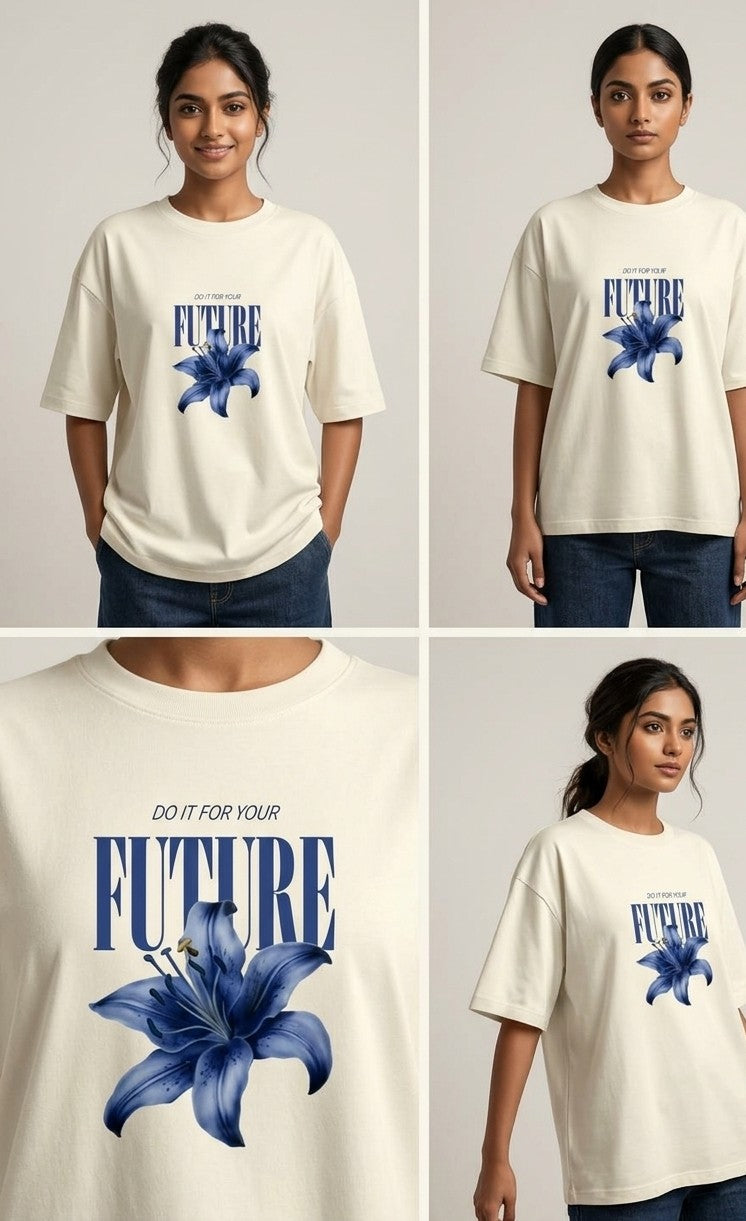 LUXIO Do It for Your Future Blue Lily Graphic Oversized T-Shirt