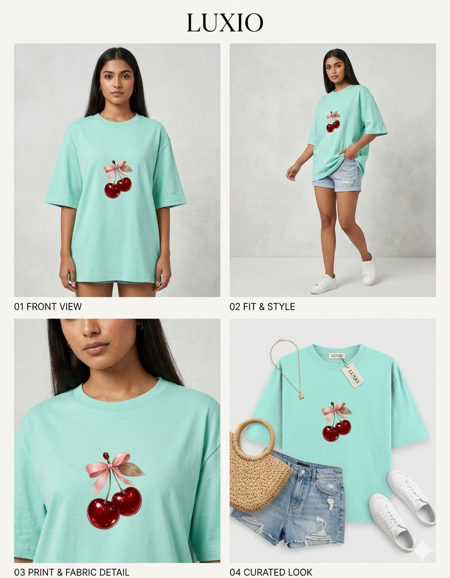 LUXIO Coquette Cherry Bow Graphic Mint Green Oversized T-Shirt