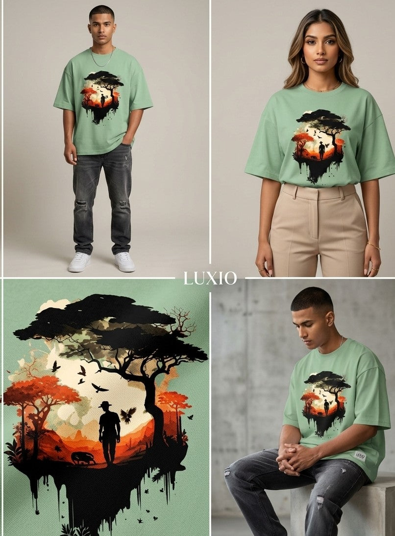 LUXIO Women Wilderness Silhouette Regular Fit Sage Green T-Shirt