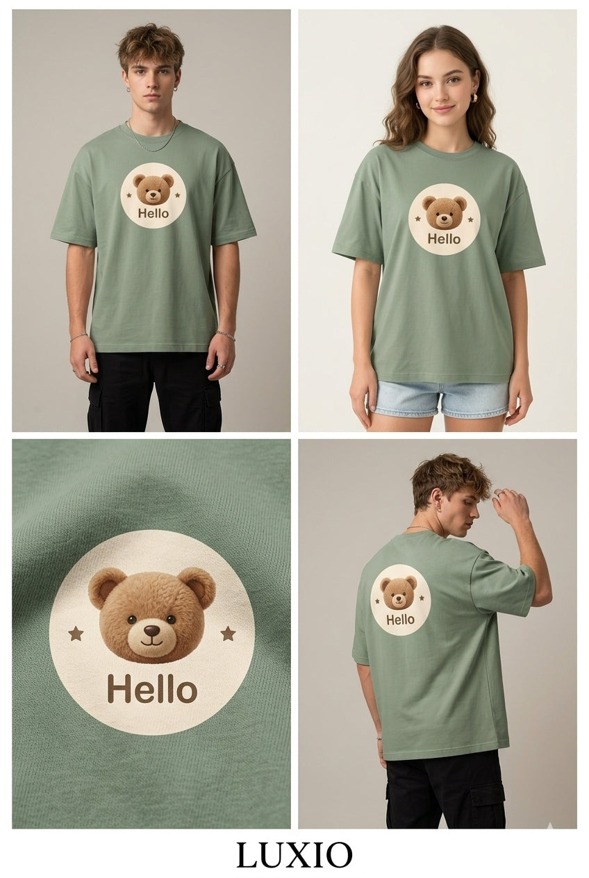 LUXIO Unisex "Hello Bear" Oversized Graphic Print T-Shirt – Sage Green Premium Soft Cotton Drop-Shoulder Tee